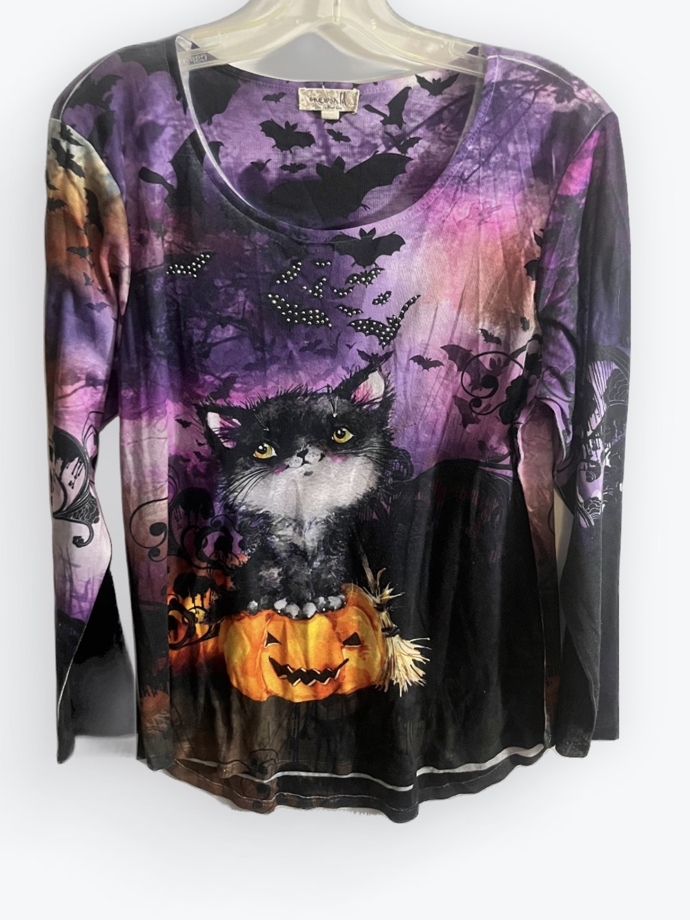 One World Halloween Black Cat & Pumpkin Long Sleeve Top Size XL